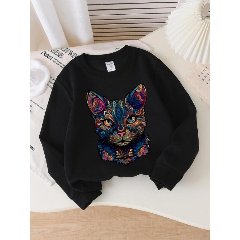 European sizes Girls' Crewneck Sweatshirt Colorful Abstract Cat Face Pattern, Spring/Autumn, Sportswear & Casual, Soft, for Kids & Teens.
