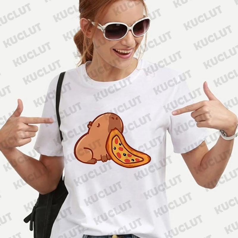 Cute Capybara Anime Women's T-shirt Casual Ulzzang Short Sleeve Tees Cartoon Graphic Y2K Tops Female Blouse Aesthetic Clothing