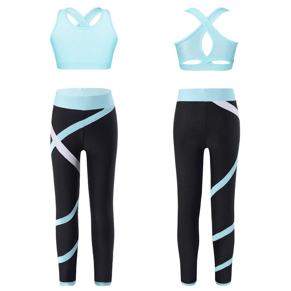 Girls Crop Top U Neck Cross Straps Keyhole Back Sleeveless Color Block Leggings Yoga Sports Set