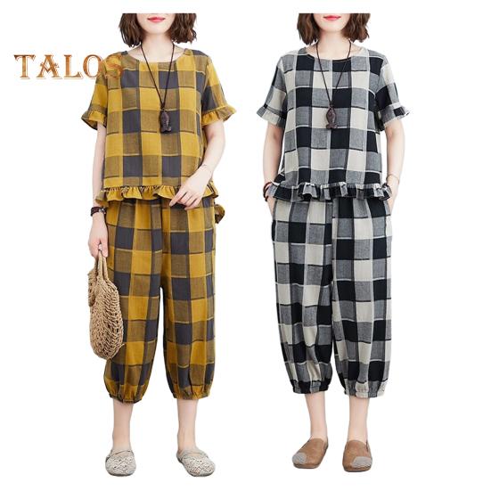Женский комплект из 2 предметов для отдыха, повседневный клетчатый топ большого размера с короткими рукавами и спортивные брюки, летний свободный наряд