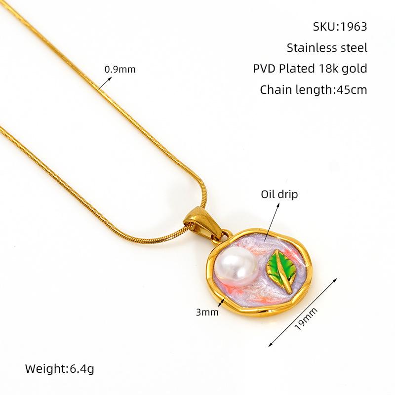 New titanium steel necklace with a Monet garden oil painting design, featuring floral and pearl accents18k Gold stainless steel jewelry