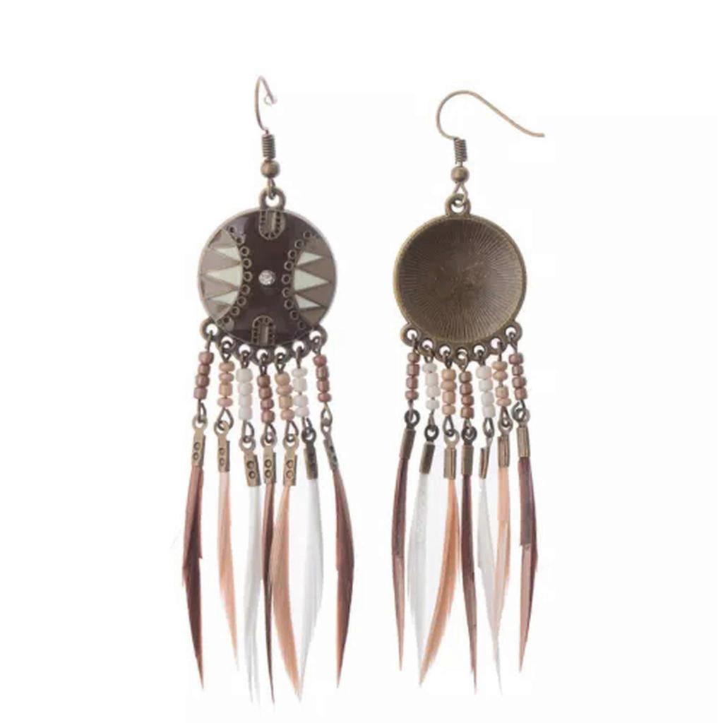 RSAMD Bohemian Boho Flower Carved Round&Colorful Feather Tassel Women Hook Earrings-14#