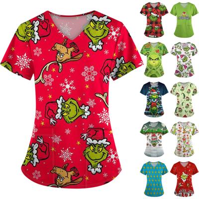 Женские модные топы с короткими рукавами и V-образным вырезом с принтом, рабочие футболки с карманами