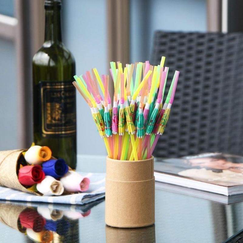 50 Pcs Cocktail Umbrella Drinking Straw Assorted Party/BBQ/Hawaiian Theme Straws