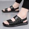 2024 Summer Genuine Leather Shoes Men Sandals Flat Non-slip Soft Holiday Mens Sandals Thick Sole Male Footwear Pure Black