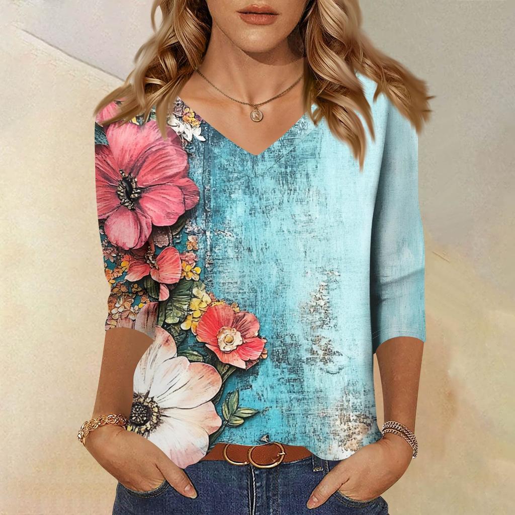 Women's Tops Three-quarter Sleeve Shirt V-neck Loose Casual Shirt Floral Print T-shirt