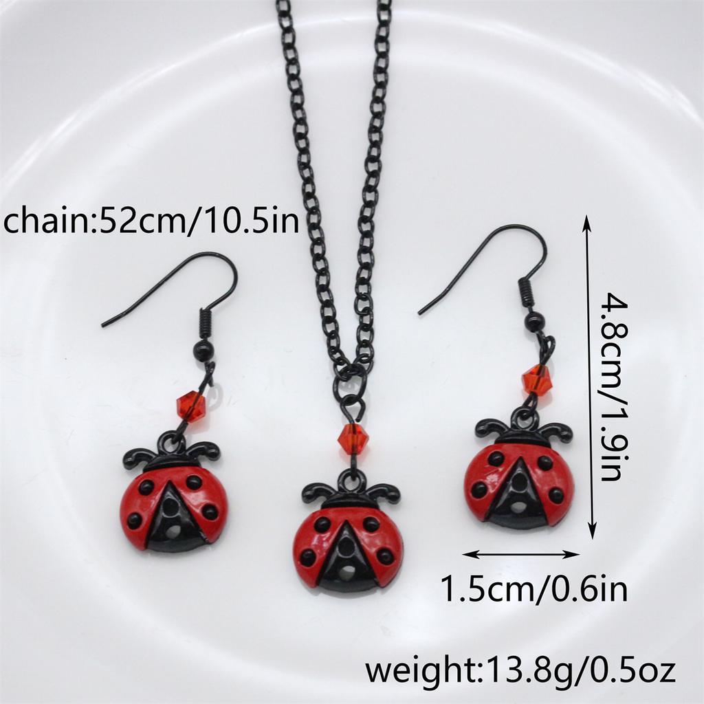 Ladybug Necklace And Earring Set Cute Mini Seven Star Ladybug Pendant Black Chain Red Crystal Accents Charming Costume Jewelry