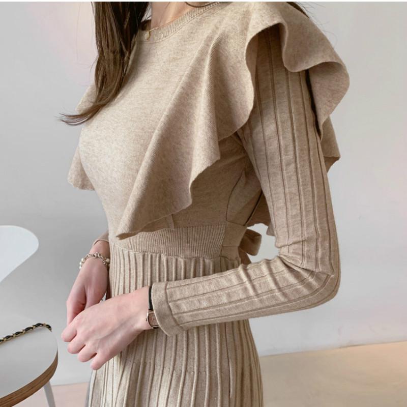 Осень-зима Элегантное женское длинное трикотажное платье с круглым вырезом, облегающее платье с длинными рукавами и оборками, плиссированное платье с поясом, женское платье-свитер