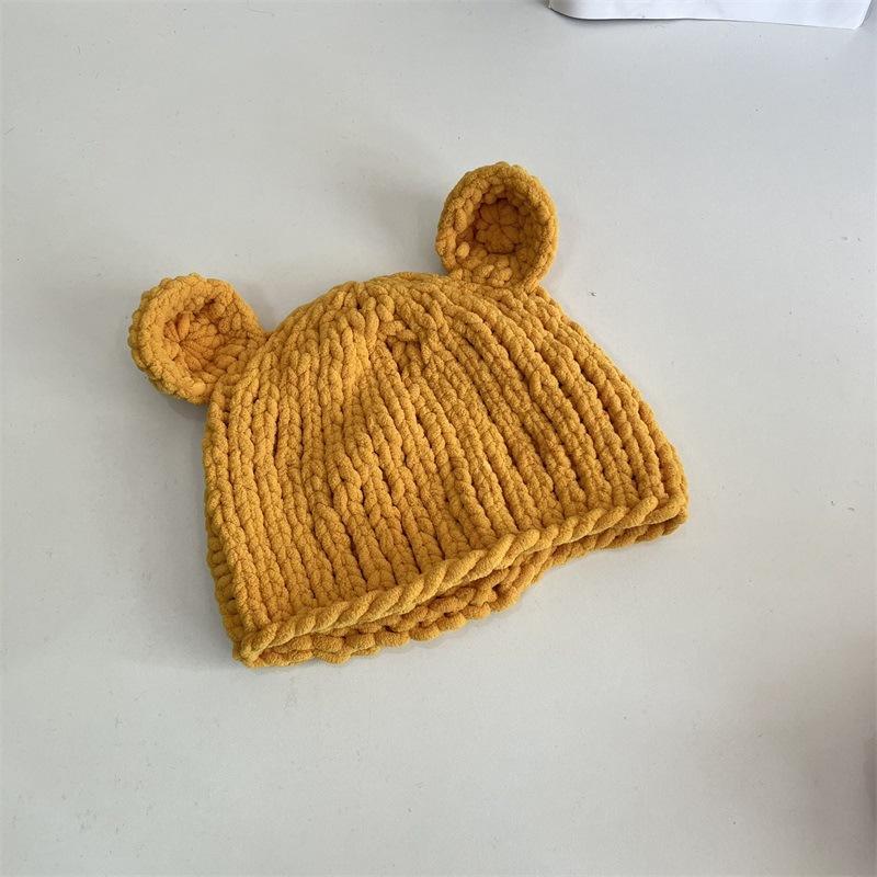 Bear Ears Thick Wool Hat Women's Autumn and Winter Thickened Warm Hand-knitted Woven Big Head Circumference Pullover Hat