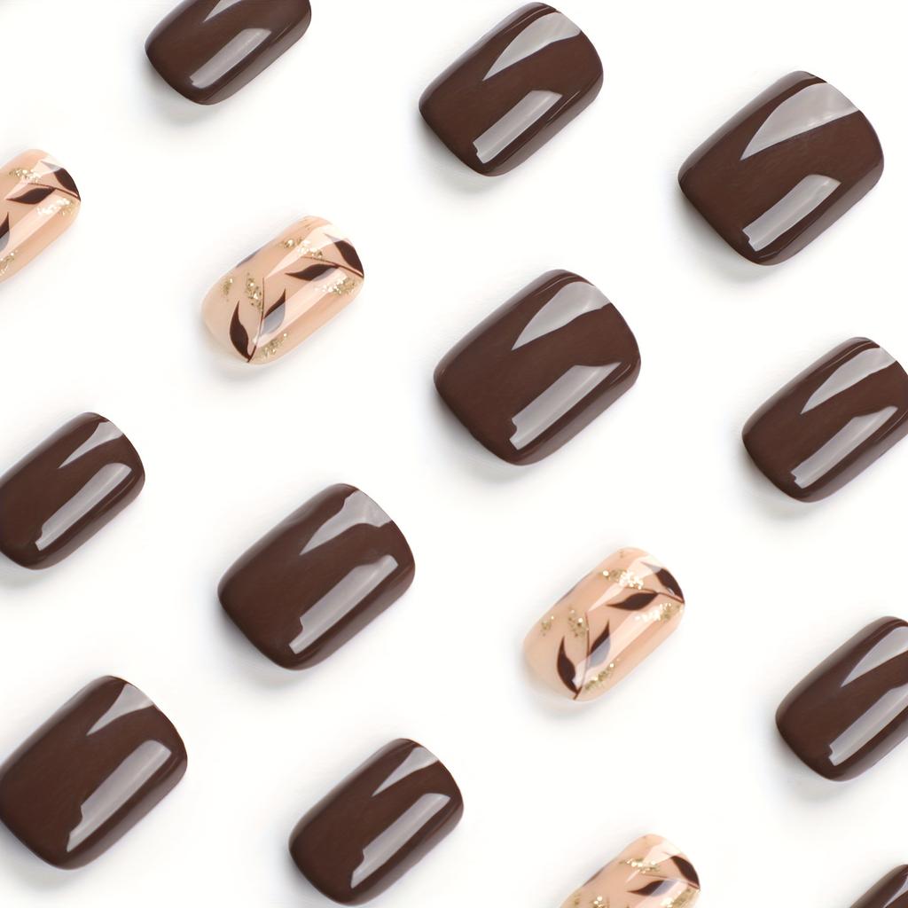 24 шт. Короткие квадратные накладные ногти, коричневые накладные ногти с декором в виде листьев, полное покрытие ногтей для женщин