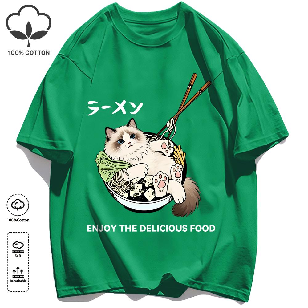 Cat Lying Down After Eating Too Much Print T-Shirt Unisex Summer Soft Loose Tee Cotton Retro Short Sleeve Unisex Fashion Clothing