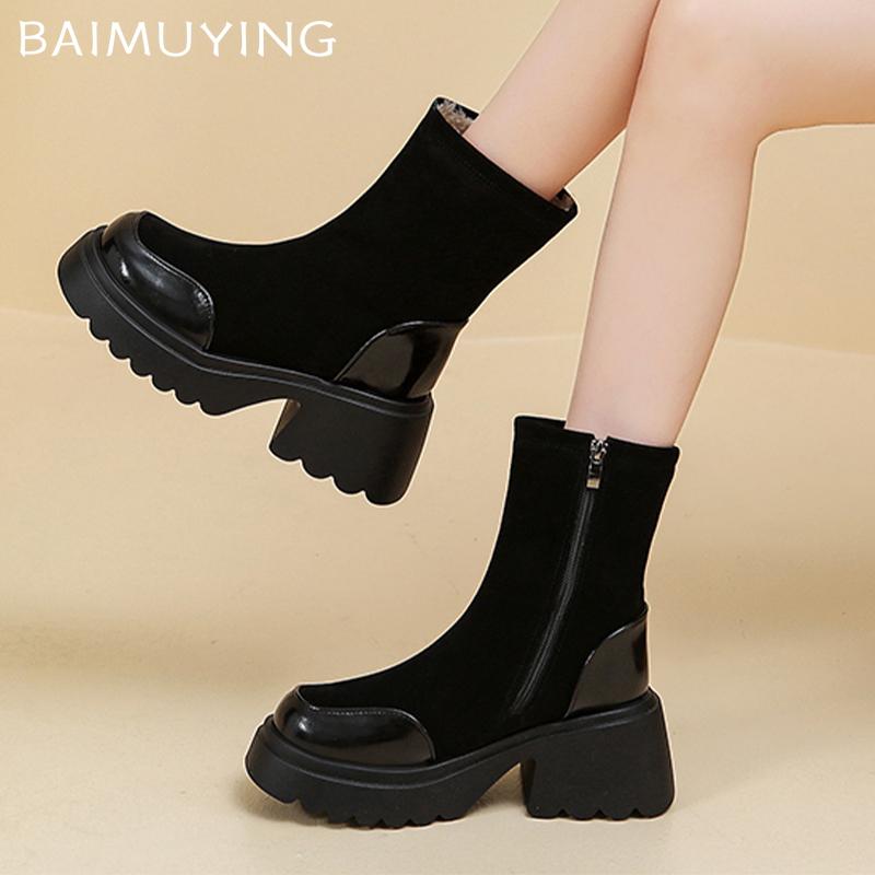 Женские ботильоны на платформе, высокие каблуки, кожаные туфли, женская мода 2025 года, зимние дизайнерские брендовые удобные теплые панк-байкерские ботинки Femme