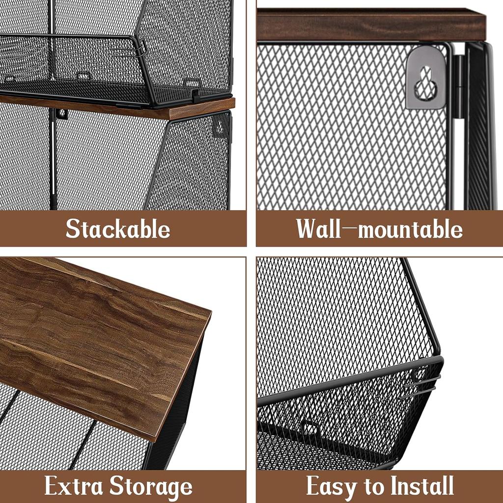 Stackable Fruit Basket for Kitchen Countertop Space Saving, Wall Mounted Mesh Metal Wire Baskets with Wood Lid Extra Storage