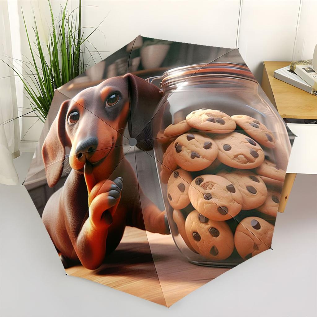 Automatic Folding Umbrella with Dachshund & Chocolate Chip Cookie Design - Portable Collapsible 8-Rib Durable Canopy, Stylish