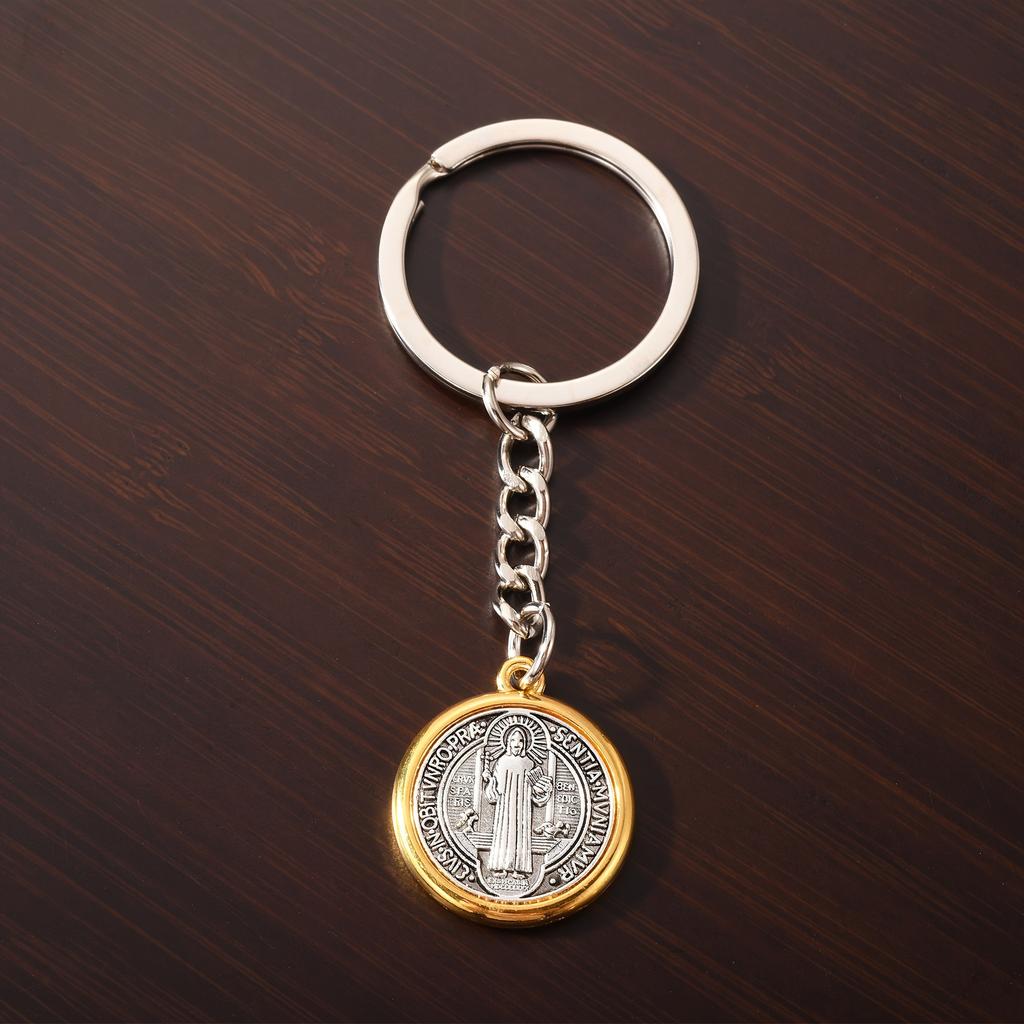 Retro Two-Color St. Benedict Medal Keychain, Double-Sided Engraved Protective Medal Pendant, Faith-Themed Portable Accessory