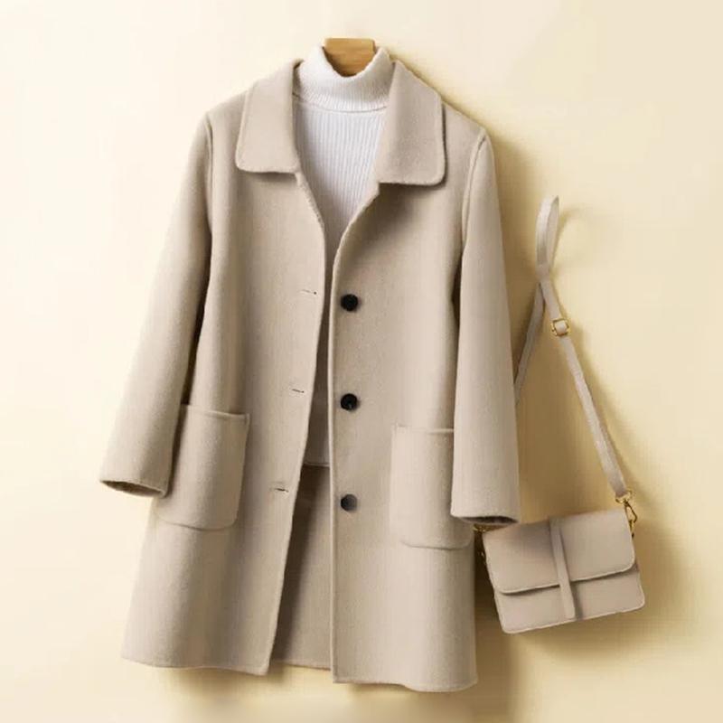 Женские свободные однотонные куртки с лацканами из шерстяных смесей средней длины, элегантная верхняя одежда в стиле ретро