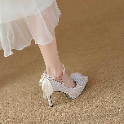 Французские туфли на высоком каблуке женские свадебные туфли два варианта носки толстый каблук красивые кольца для стопы жемчужные ремешки туфли невесты
