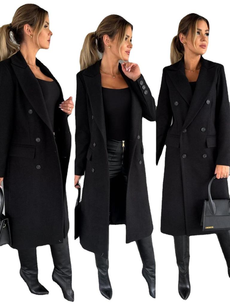 Женское двубортное шерстяное пальто 2023 г. - длинный рукав, осень/зима