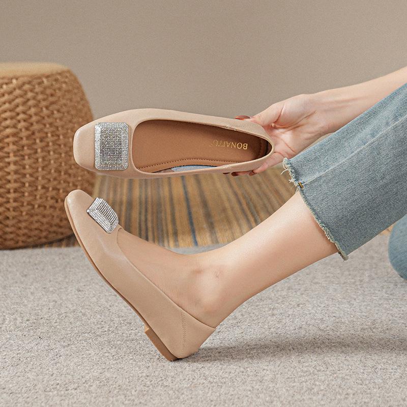 Женские туфли-балетки из натуральной кожи - Французский низкий вырез, Квадратный носок, Мягкая подошва, Большие размеры 41-43, Новинка 2025 Вечерний бриз