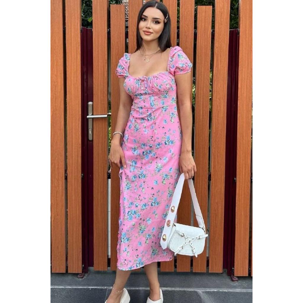 Women's Slit Loose Cut Skirt Collar Tie Detail Short Sleeve Blue Floral White Summer Dress