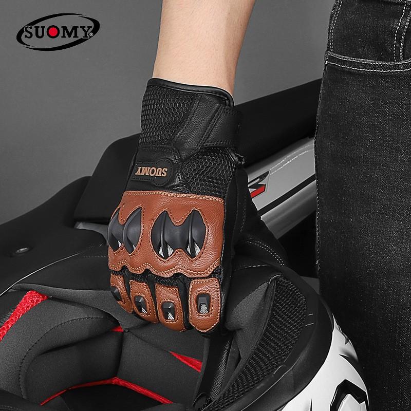Mens Genuine Leather Motorcycle Gloves Breathable Anti-Slip Racing Riding Gear All Season Touchscreen Compatible