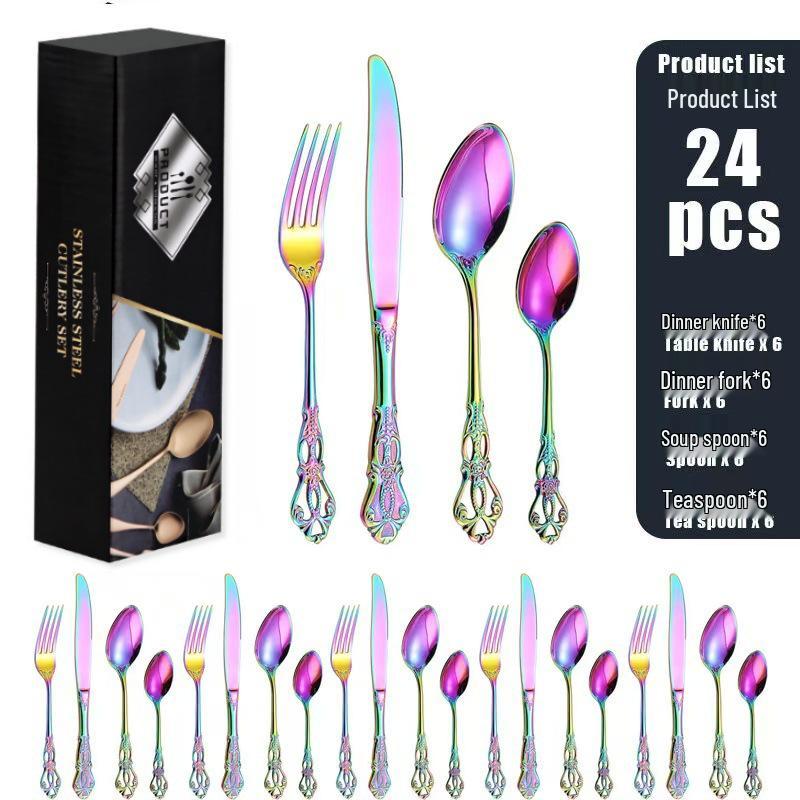 Набор столовых приборов Royal Court из 24 предметов из нержавеющей стали - Тисненые полые ножи для стейка, вилки и ложки