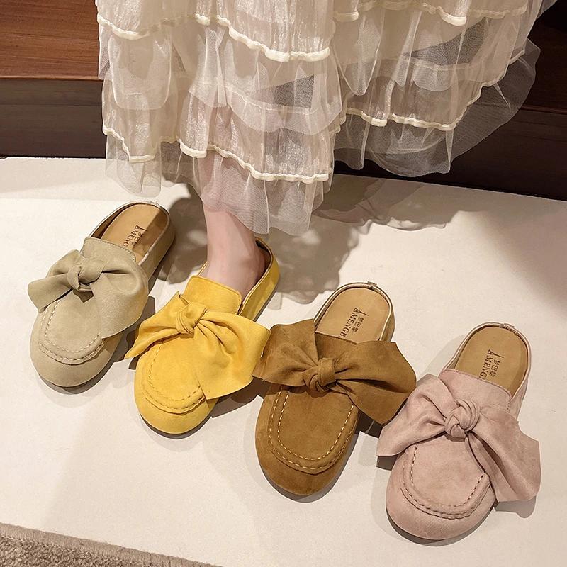 Retro Women's Slippers Bow Flat Sole Round Toe Cow Suede Women's Mules Dress Leisure Comfortable Inner Roman Zapatillas De Mujer
