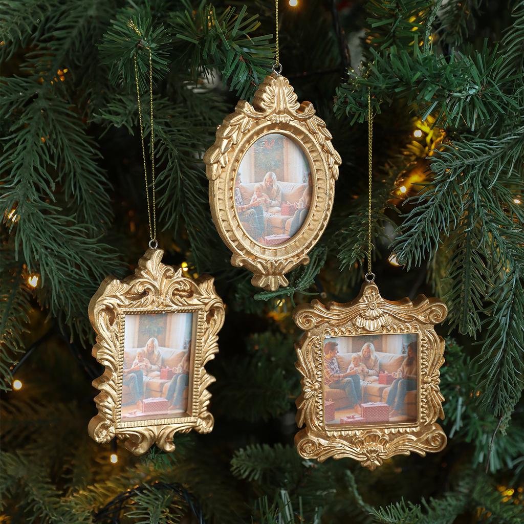 Resin Classic Baroque Frame Christmas Tree Pendant  Golden Square Oval Frame Christmas Hanging Decoration Home Ornaments