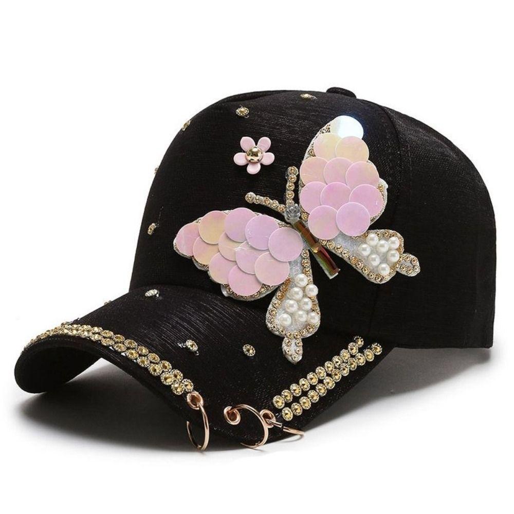 Rhinestones Women's Sun Hat Sequined Butterfly Peaked Cap Trendy Shiny Baseball Cap Outdoor Travel