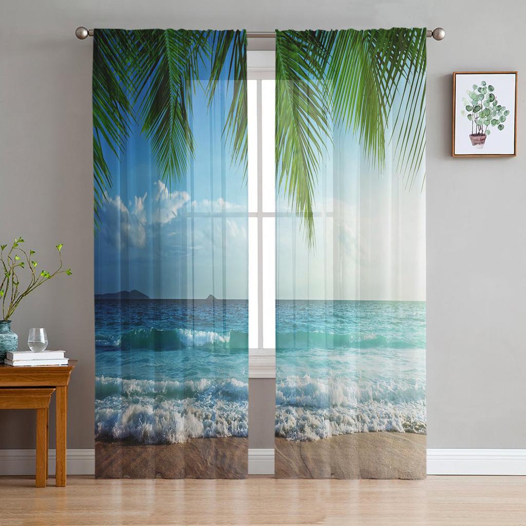 Beach Sky Clouds Coconut Trees Sea Landscape Curtains Tulle For Living Room Bedroom Kitchen Chiffon Sheer Window Treatment Decor