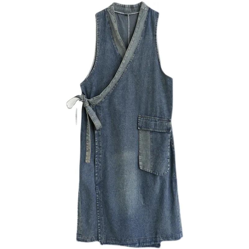 Летняя весна женская длинная одежда свободный пояс без рукавов джинсовые платья женские классические повседневные винтажные платья V-образный вырез юбка средней длины