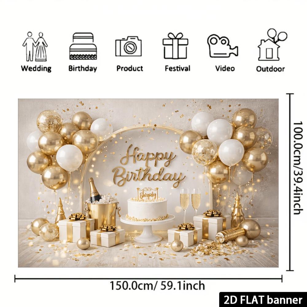 2D planar birthday party banner background - Luxury platinum birthday celebration theme, made of polyester material