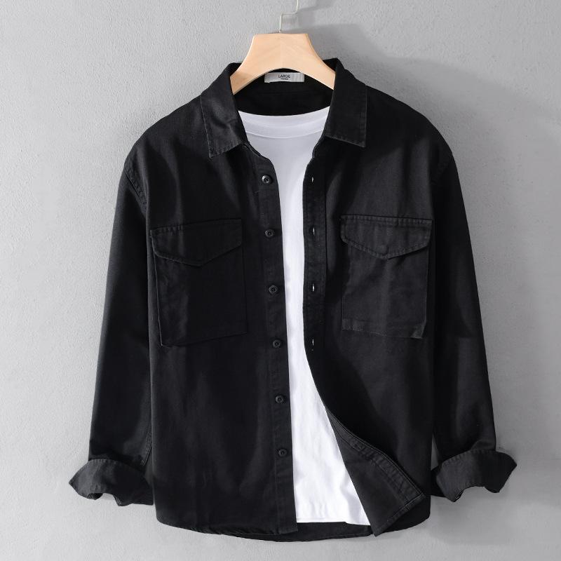 Весенне-летняя рубашка с длинным рукавом для мужчин в корейском стиле, рабочая одежда, мужская верхняя одежда в уличном стиле, приталенная рубашка с двумя карманами, зеленая хлопковая рубашка