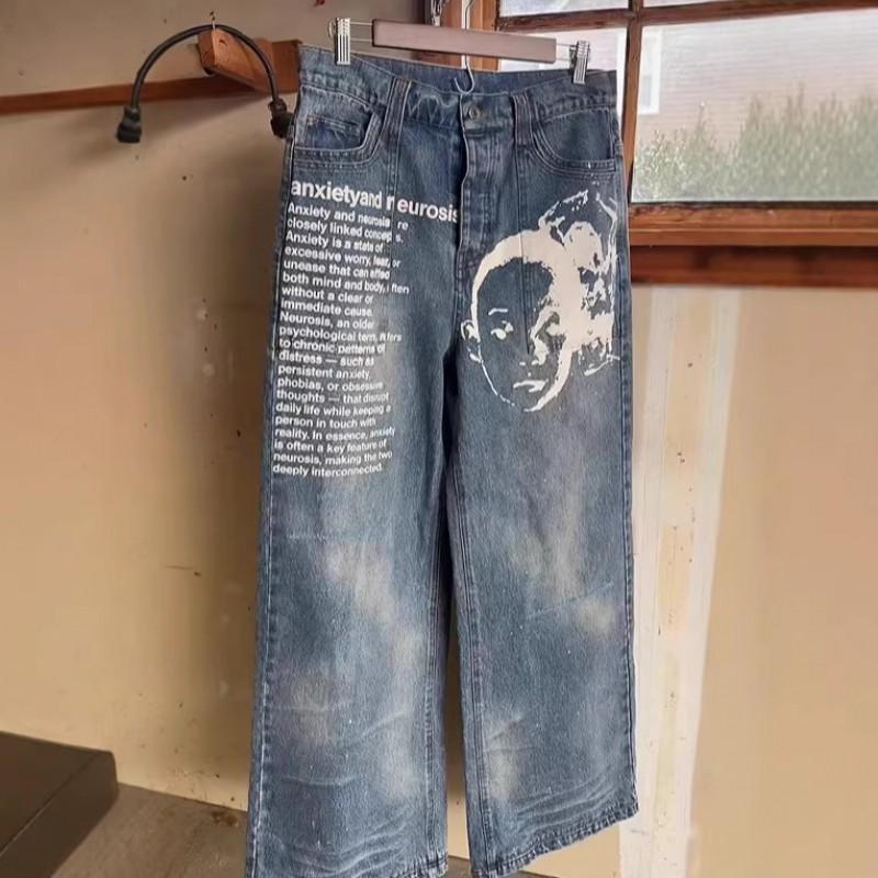 Y2K Retro Streetwear Wide-Leg Denim Pants With Washed Letter Print Unisex Loose Fit Jeans