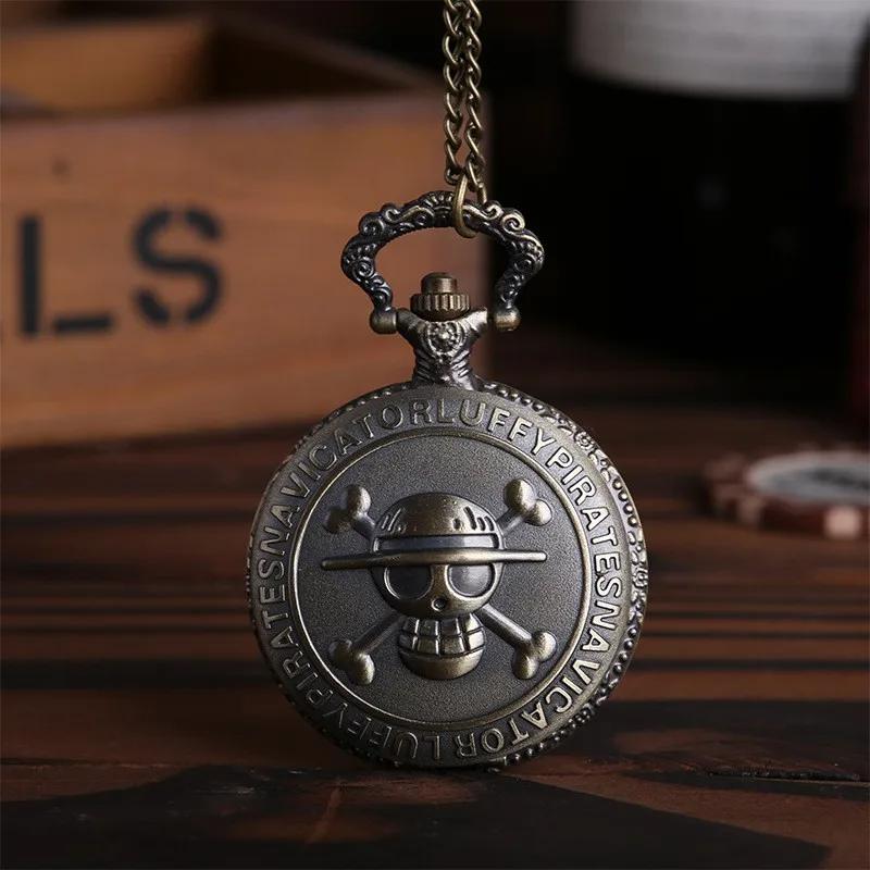 Cartoon Anime Theme Pirates Skull Pattern Quartz Pocket Watch Vintage with Pendant Necklace Men's and Children's Gift