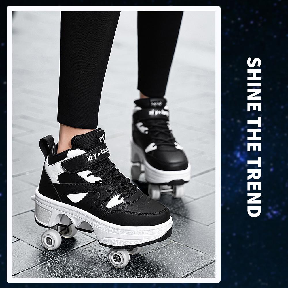 Fashionable Unisex Automatic Pop-up Sneakers With Wheels Dual-purpose Skating Casual Shoes Women's High Top 4 Wheel Roller Shoes
