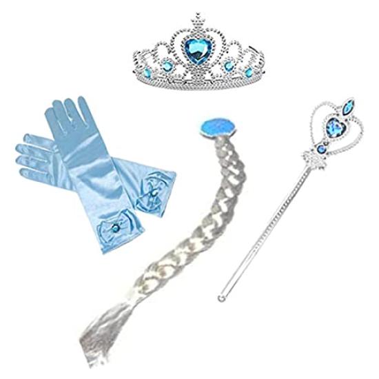 CREDIBLE Princess Cosplay Luxury Ice Blue Ribbon Braided Heart Magic Original ST332C Dress, Kids' Costume, 6-Piece Set, (Princess Dress, Gloves, Wig,