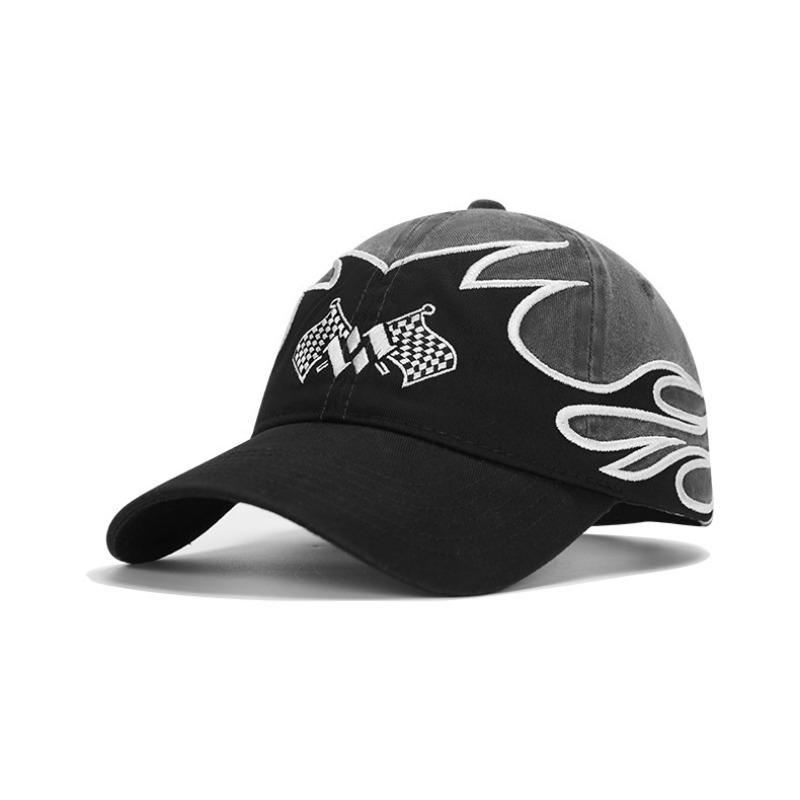 Street Trendy Brand Big Head Circumference Baseball Cap Contrasting Color Flame Splicing Washed Embroidery Hip Hop Sunshade Cap