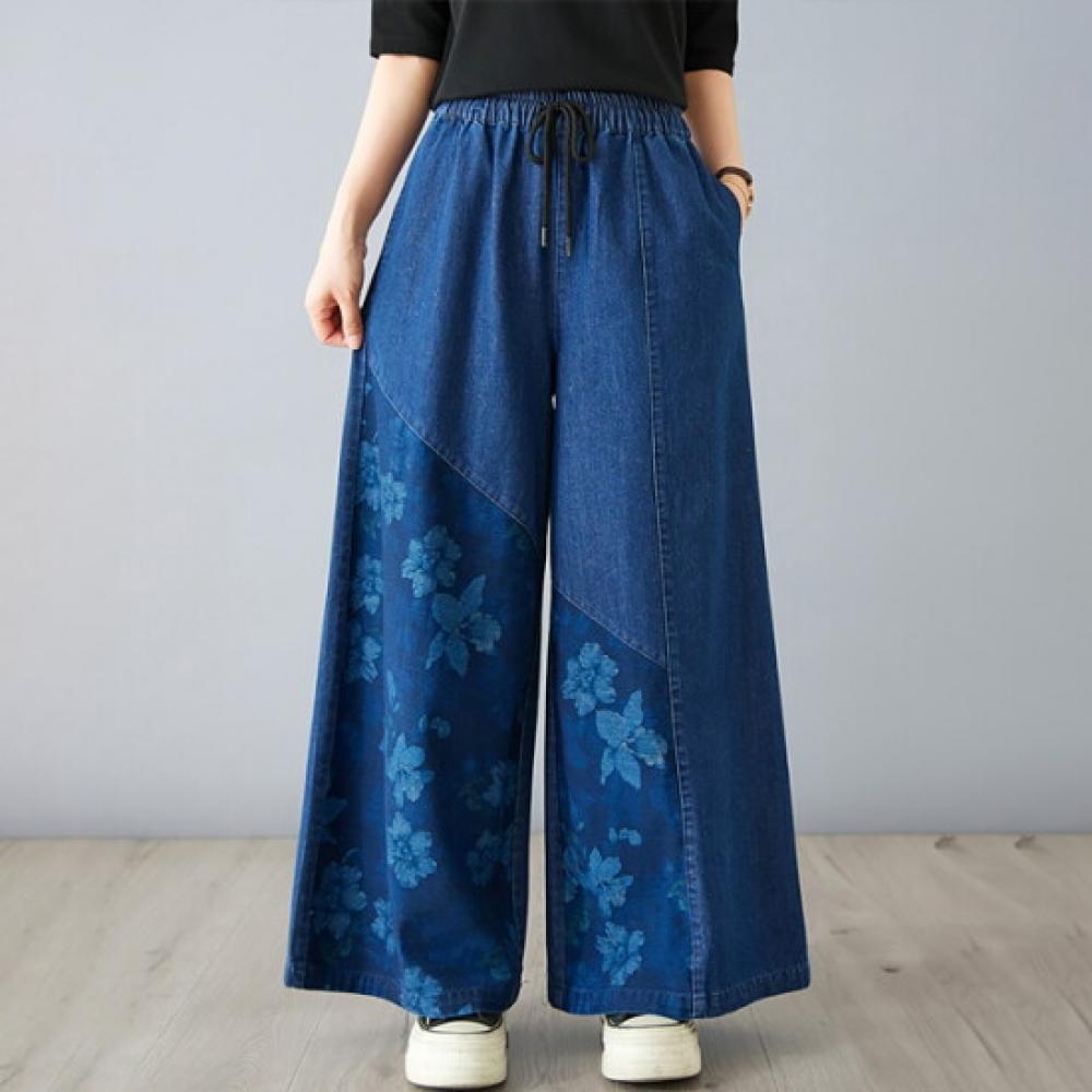 Fluorescence Denim Flower Print Banding Pants Color Option