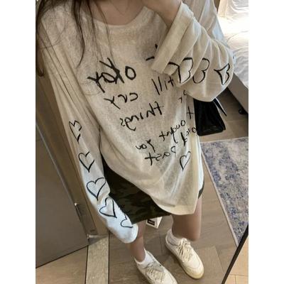 Солнцезащитная футболка с принтом Letter Love для женщин, длинный рукав, тонкие свободные футболки с круглым вырезом, классная летняя женская футболка-пуловер