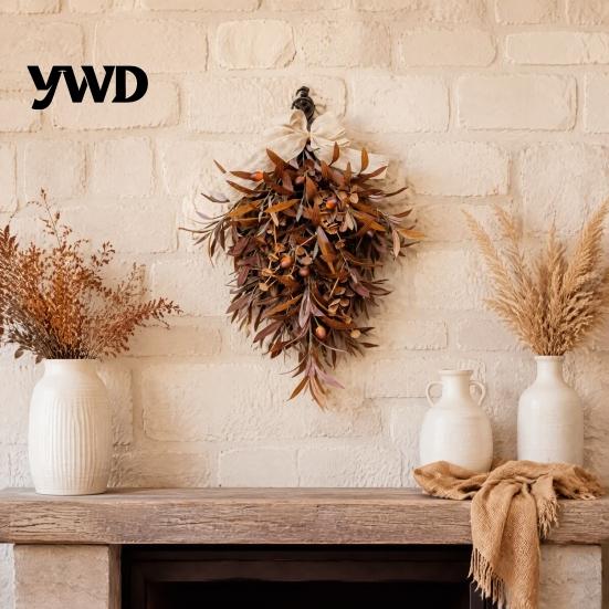 Vintage Style Floral Swag Artificial Autumn Olive Leaf Wreath for Front Door, Retro Hanging Garland Durable PVC Seasonal with Bow Decor Indoor Outdoor