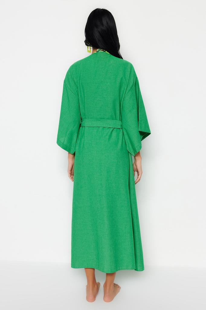 Women's Fashion New Kimono&Kaftan Green Belted Maxi Woven Linen Look KimonoKaftan