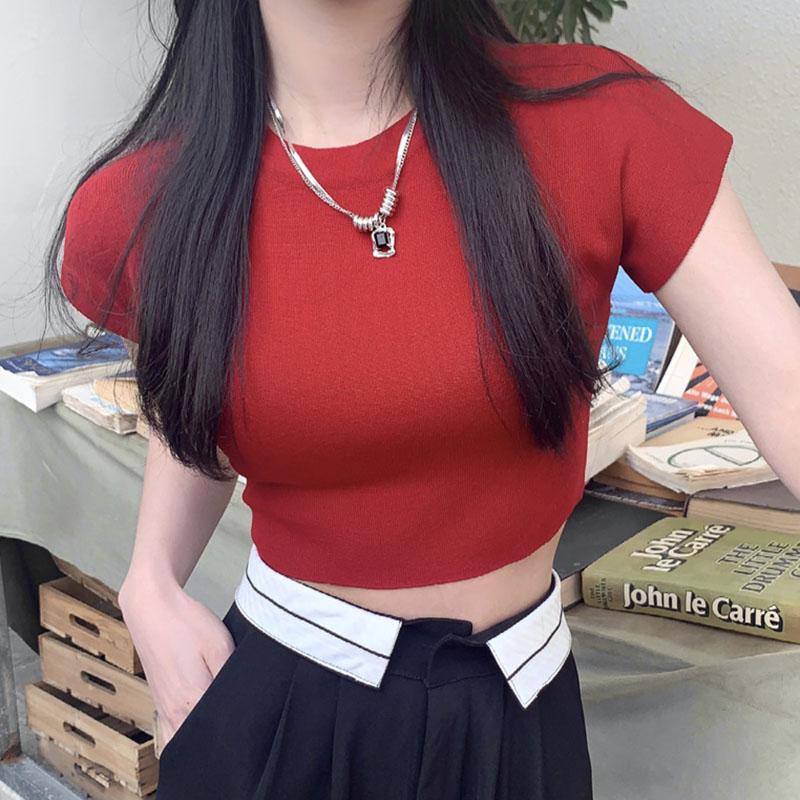 Женская летняя повседневная футболка с коротким рукавом и круглым вырезом, однотонная футболка с голым животом, укороченный топ