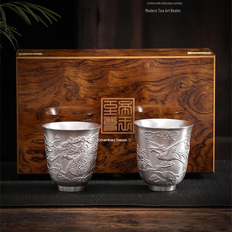 Jingling Phoenix & Dragon Sterling Silver Tea Cups Set with Gift Box