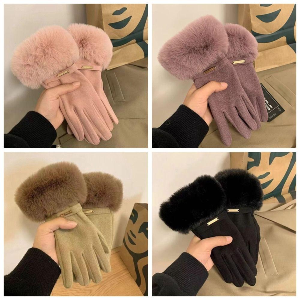 Solid Color Gloves Warm Full Finger Mittens Fashion Women Furry Gloves Female