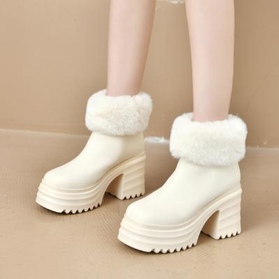 Модные женские ботинки для отдыха на открытом воздухе, нескользящие однотонные женские ботильоны 2024 года, новые зимние теплые короткие плюшевые ботинки на квадратном каблуке со шнуровкой