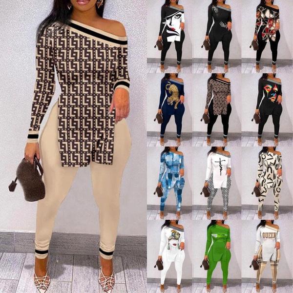 Women's Clothing Casual Split Hem Two Piece Set Slanted Shoulder Long Sleeve Tops & Skinny Long Length Solid Pants Set Womens Casual Outfits Set