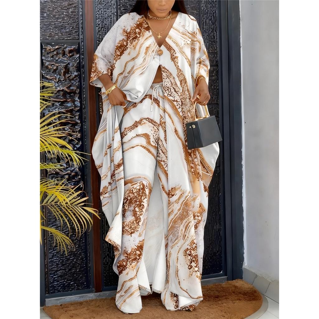 Женский комплект с рукавом три четверти, V-образным вырезом, на пуговицах, с принтом, халат, брюки на кулиске, одежда, распродажа