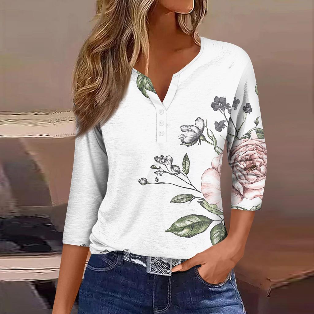 Женская модная повседневная футболка с коротким рукавом и V-образным вырезом, декоративными пуговицами и рукавом три четверти