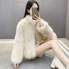 Осень-зима, женский кардиган, пальто, пушистый плюшевый воротник-стойка, сохраняющий тепло, длинные рукава, утолщенный, короткий, однотонный, из искусственного меха